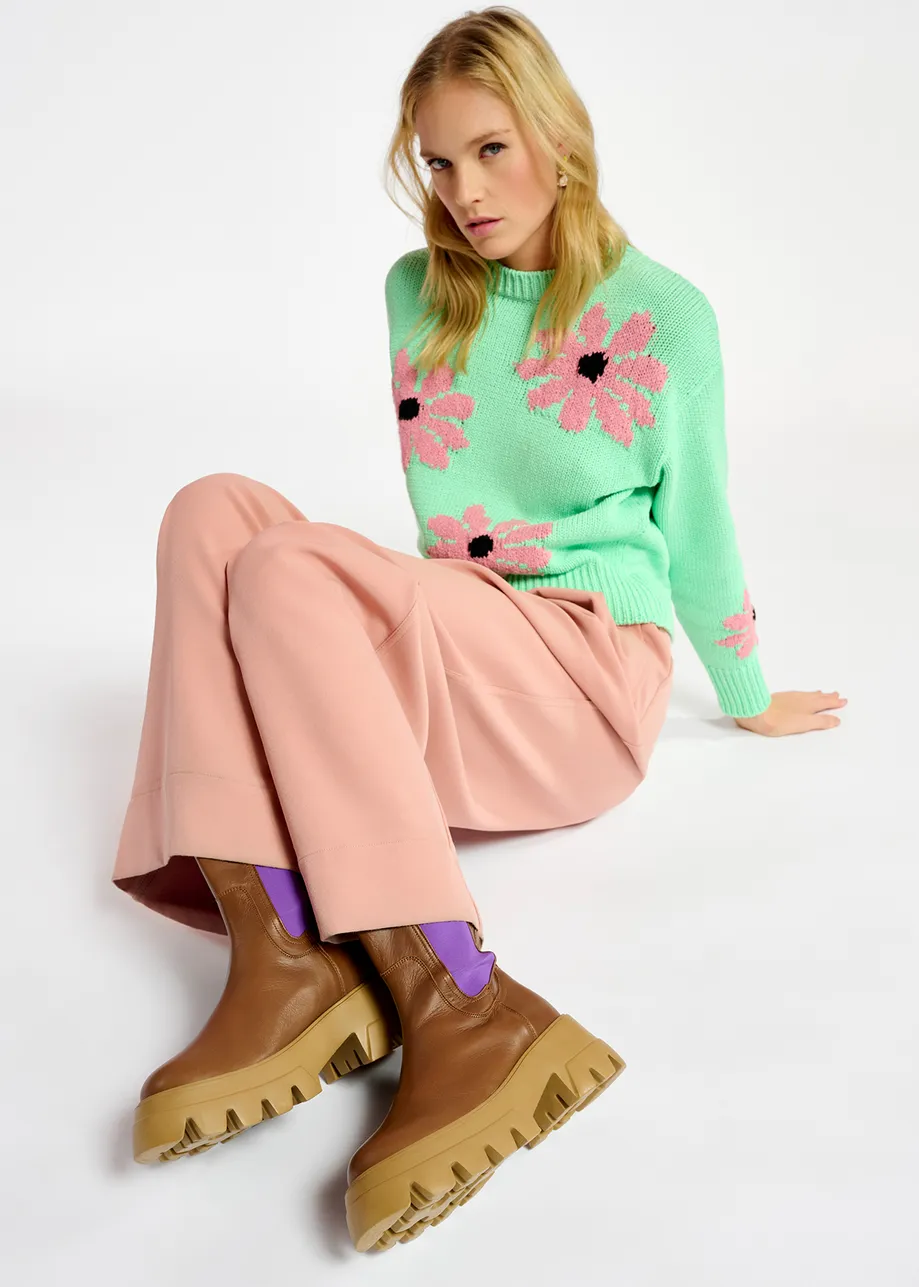 Pull intarsia vert menthe et rose à fleurs