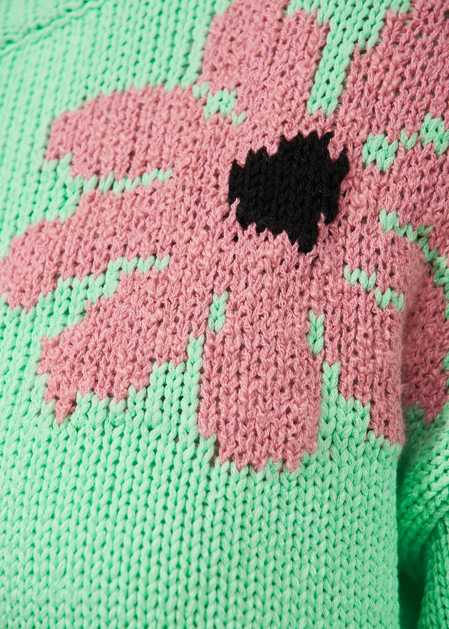 Pull intarsia vert menthe et rose à fleurs