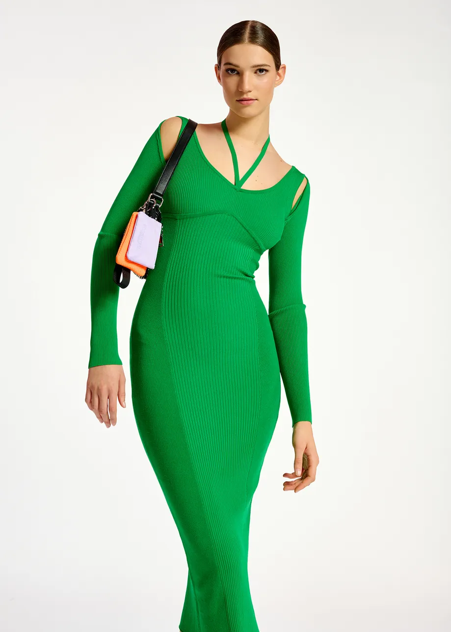 Green midi-length rib-knitted dress