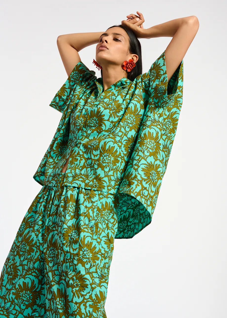 Khaki and turquoise oversized cotton-poplin shirt with floral print