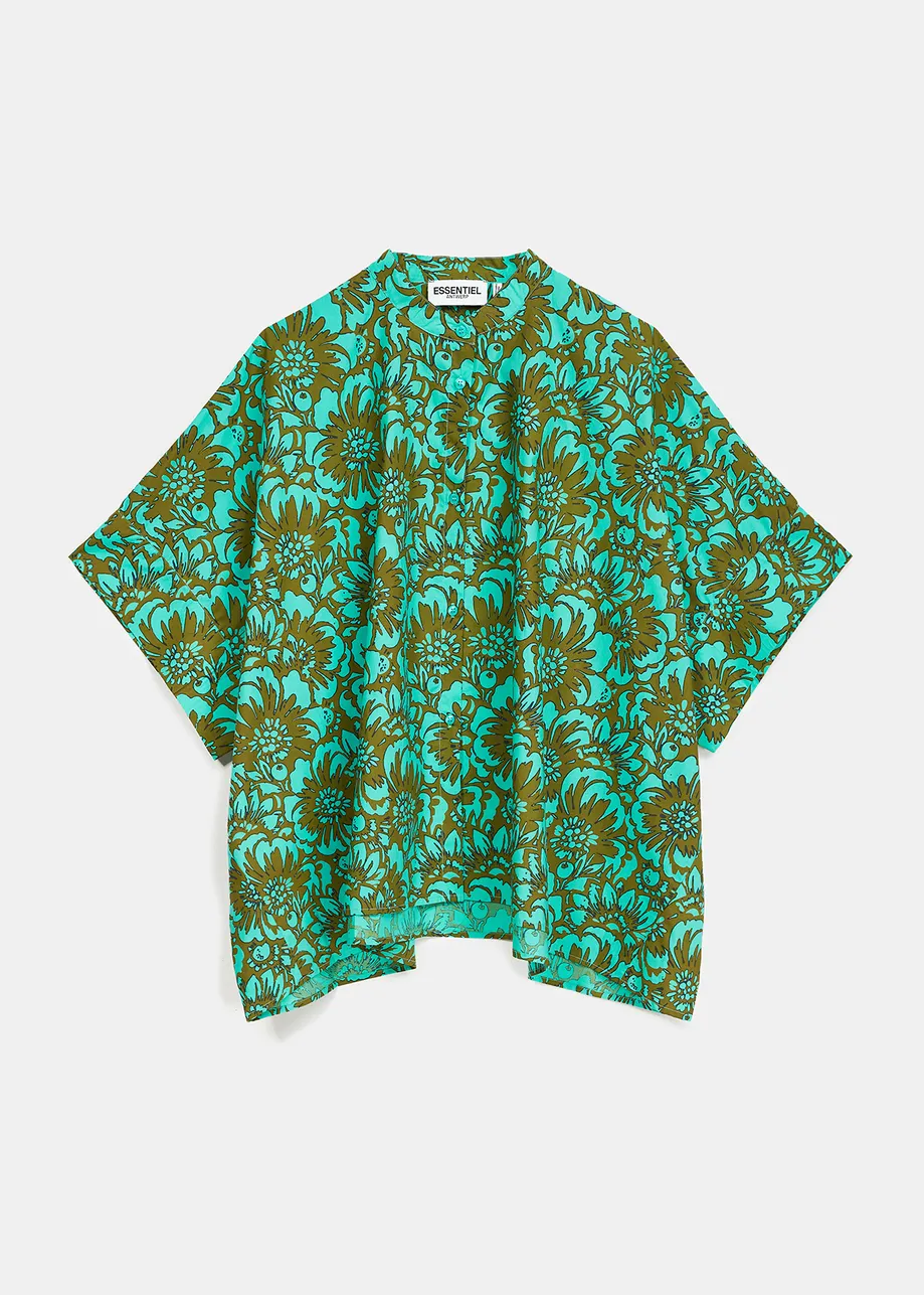 Khaki and turquoise oversized cotton-poplin shirt with floral print