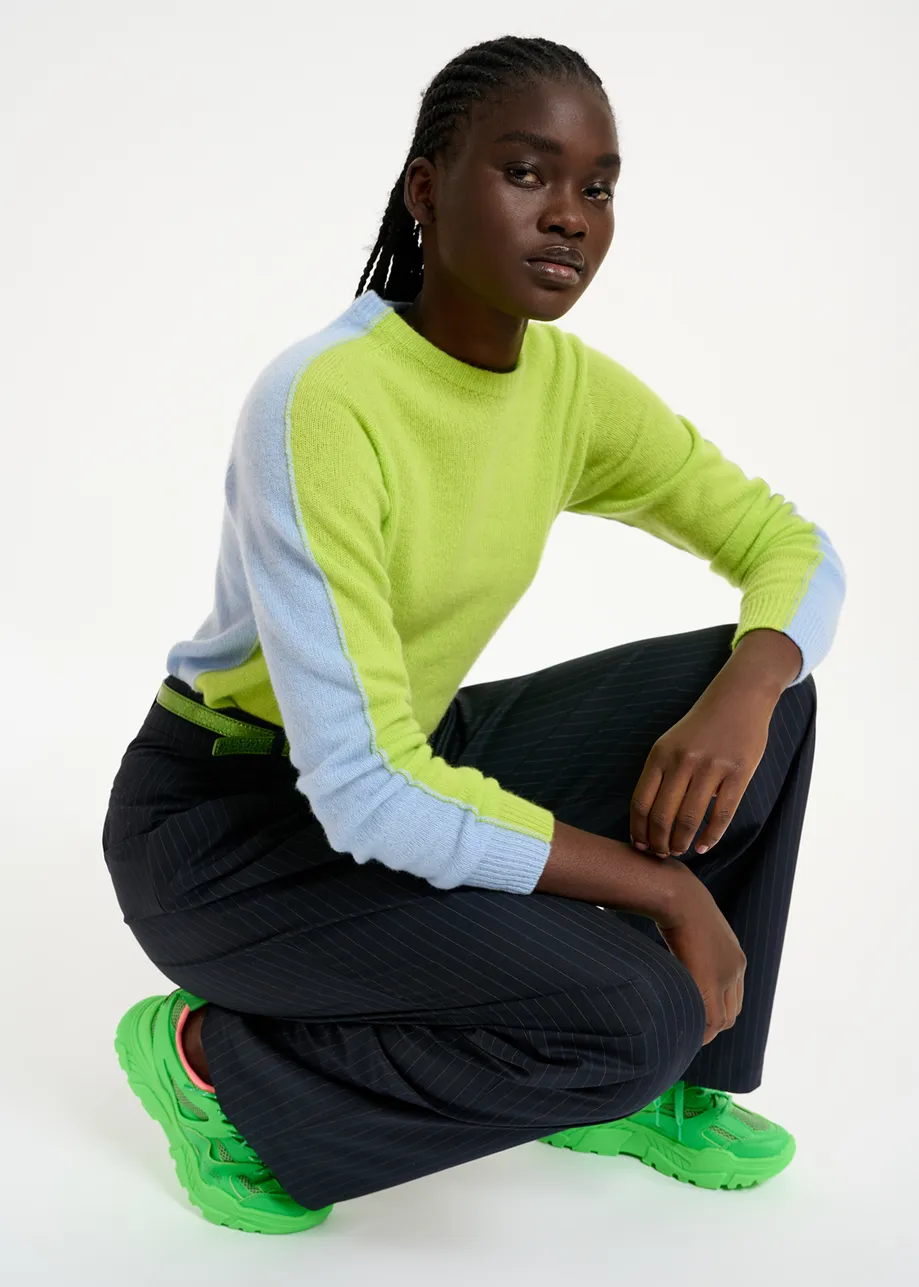 Lime green and light blue merino-cashmere knit sweater