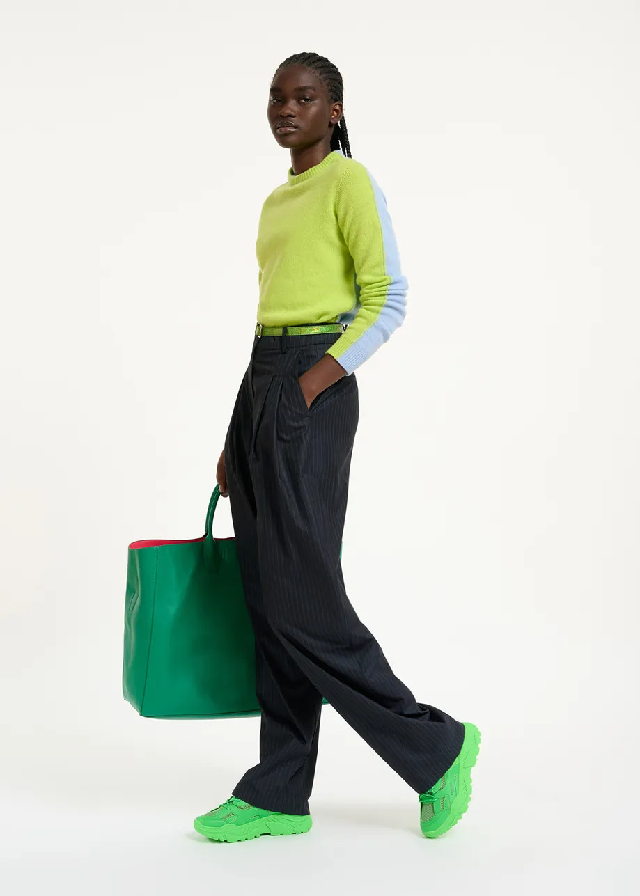 Lime green and light blue merino-cashmere knit sweater