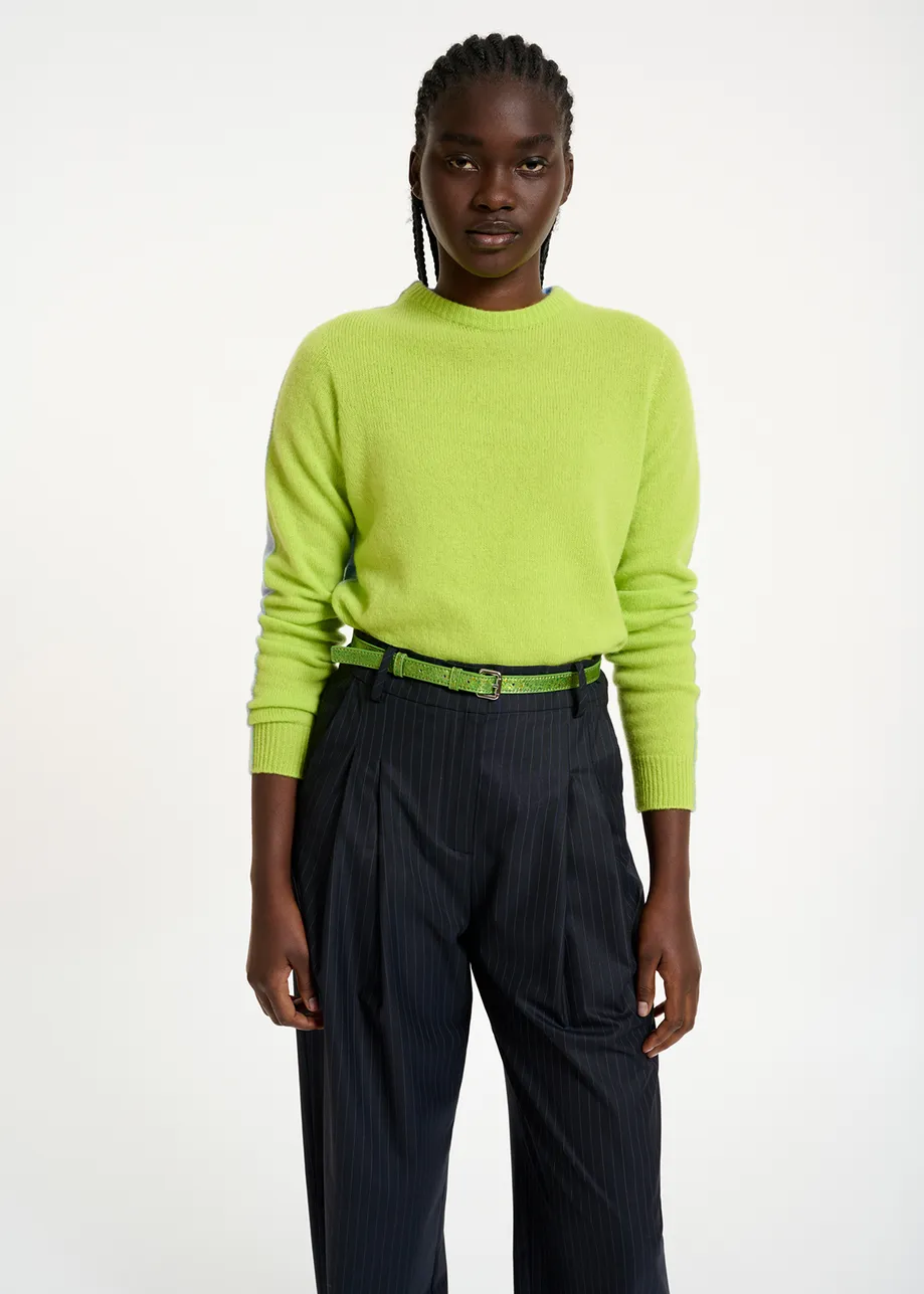 Lime green and light blue merino-cashmere knit sweater