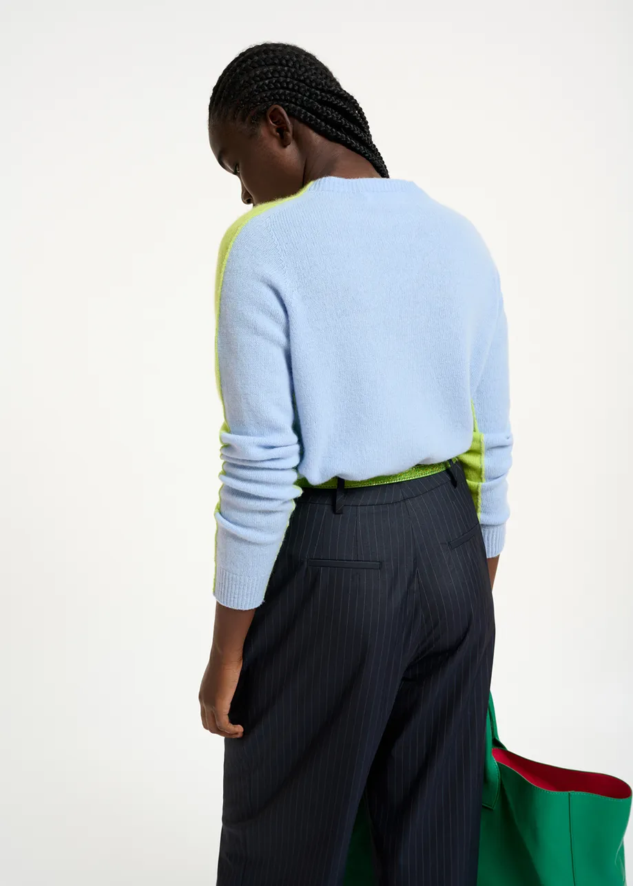 Lime green and light blue merino-cashmere knit sweater