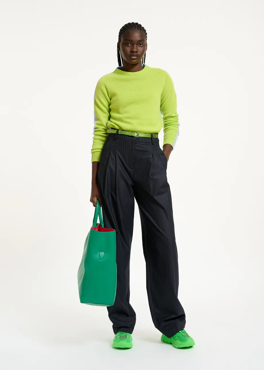 Lime green and light blue merino-cashmere knit sweater