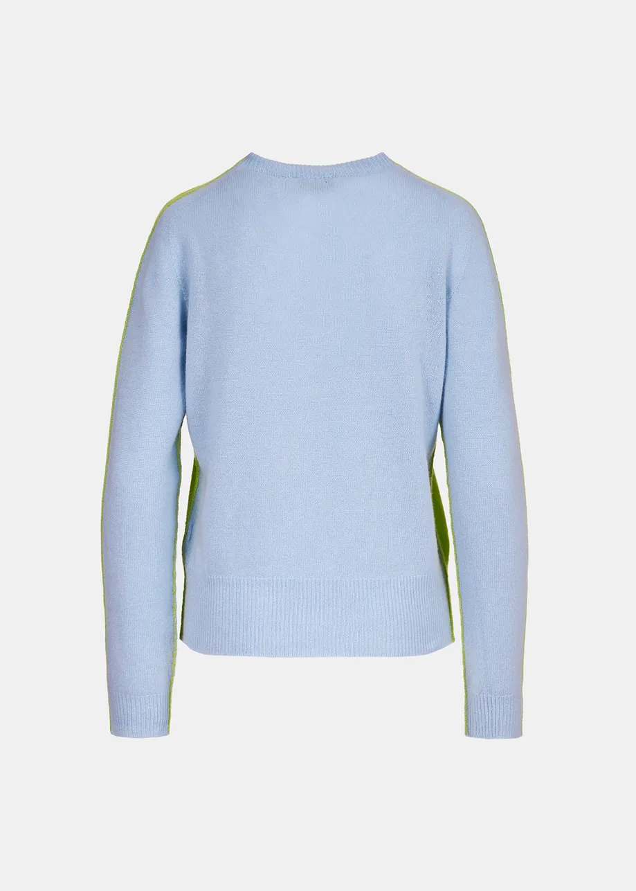 Lime green and light blue merino-cashmere knit sweater