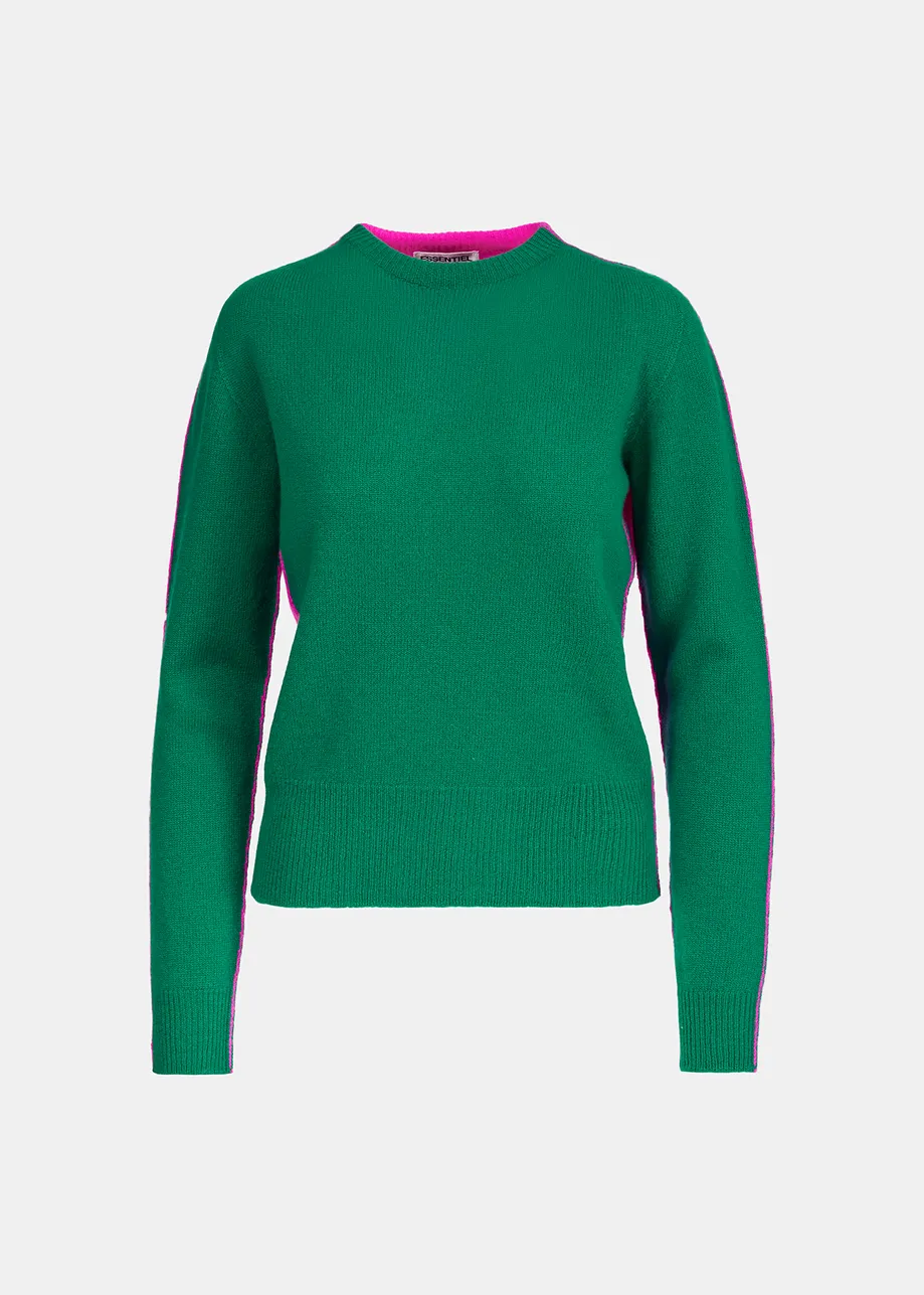 Dark green and fuchsia merino-cashmere knit sweater