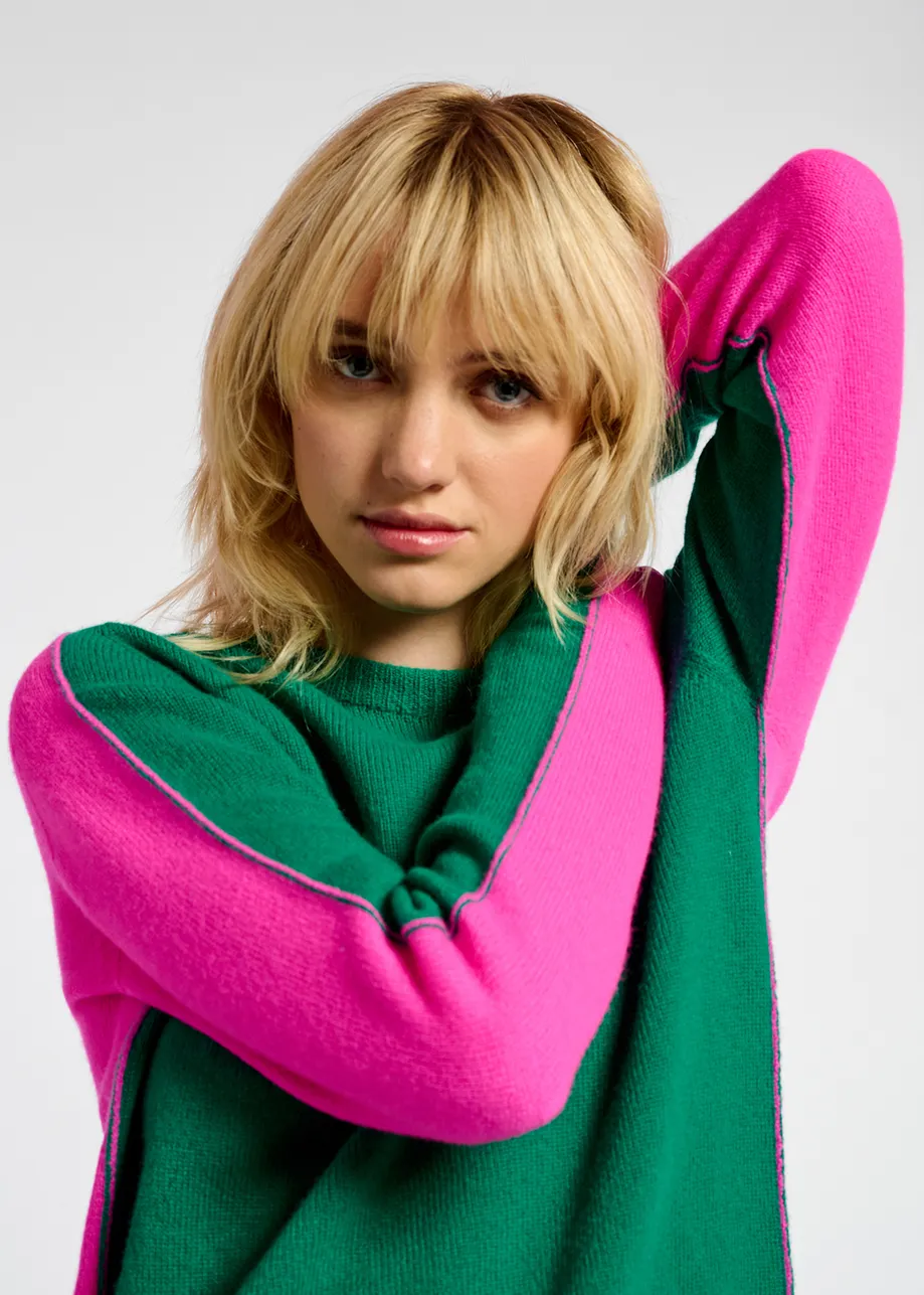 Dark green and fuchsia merino-cashmere knit sweater