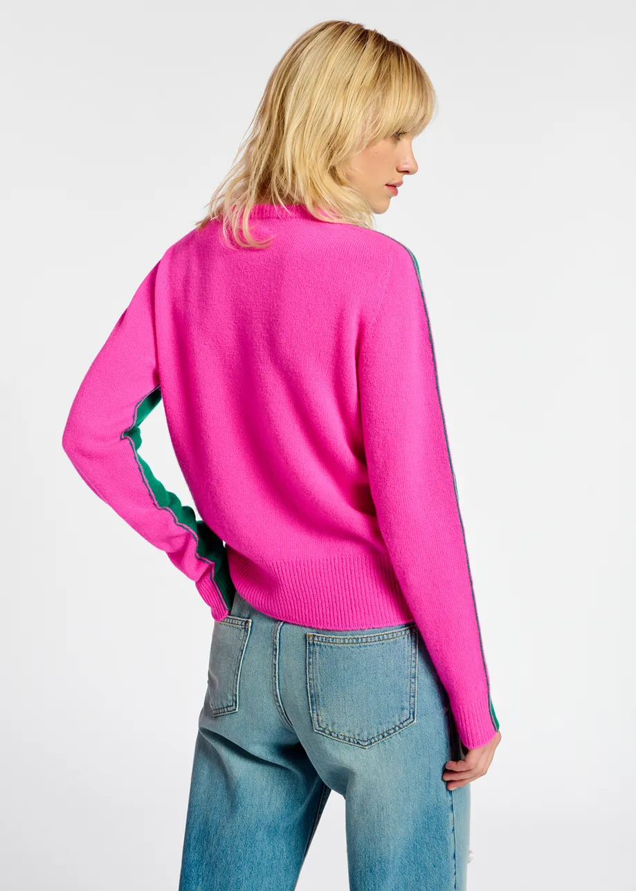 Dark green and fuchsia merino-cashmere knit sweater