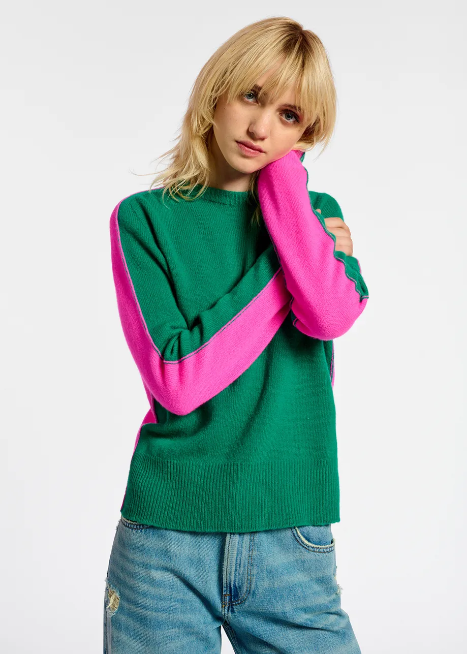 Dark green and fuchsia merino-cashmere knit sweater