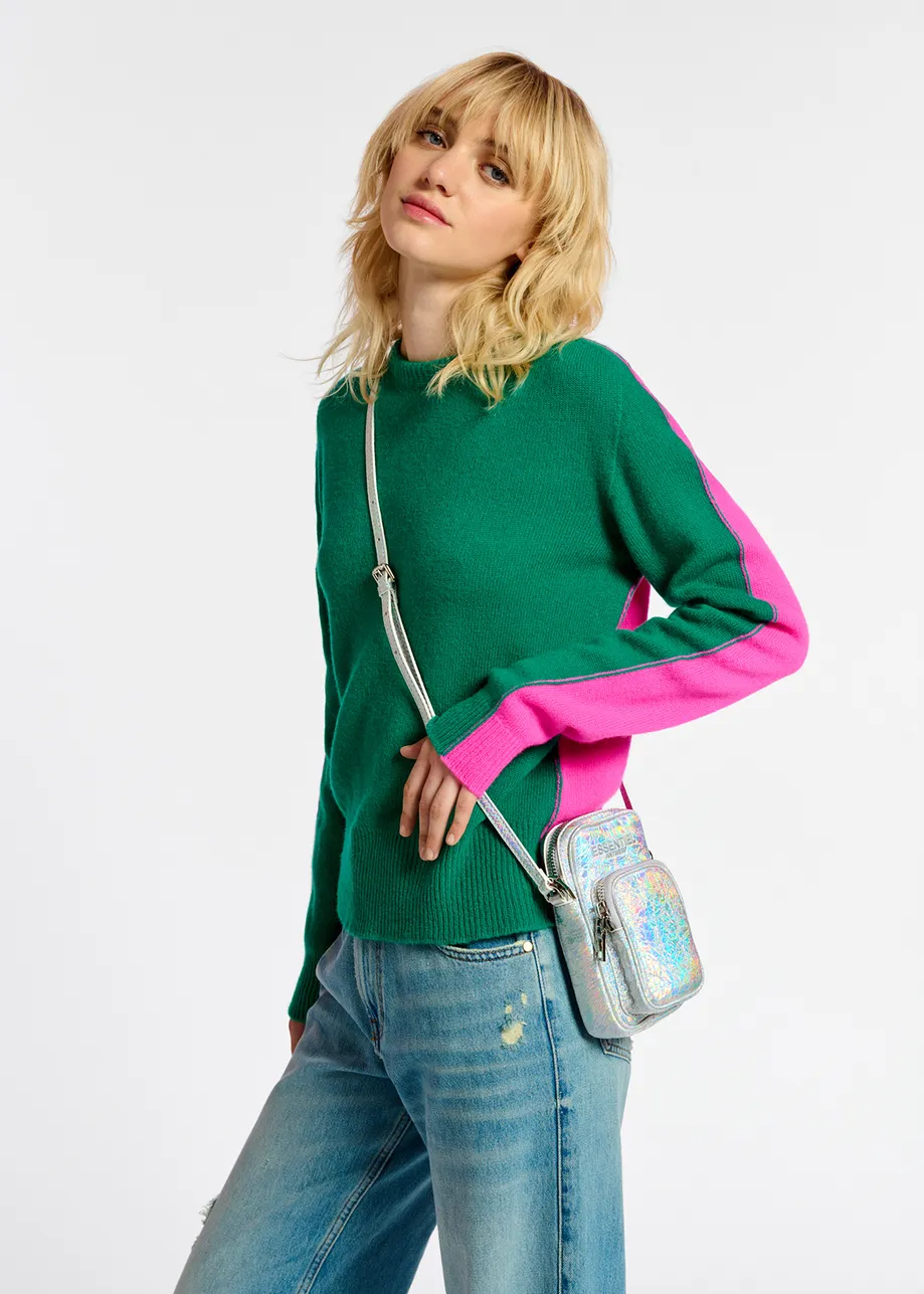Dark green and fuchsia merino-cashmere knit sweater