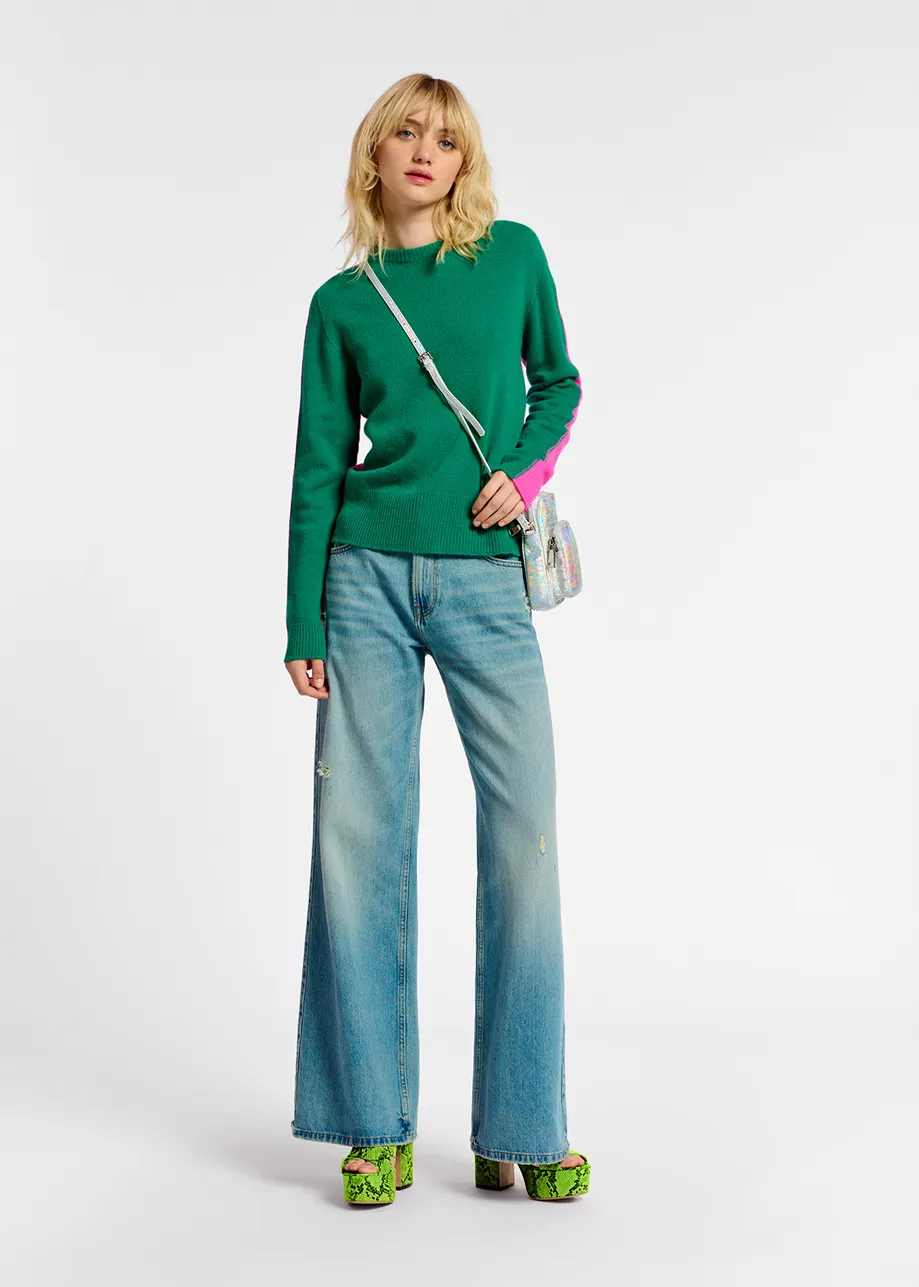 Dark green and fuchsia merino-cashmere knit sweater