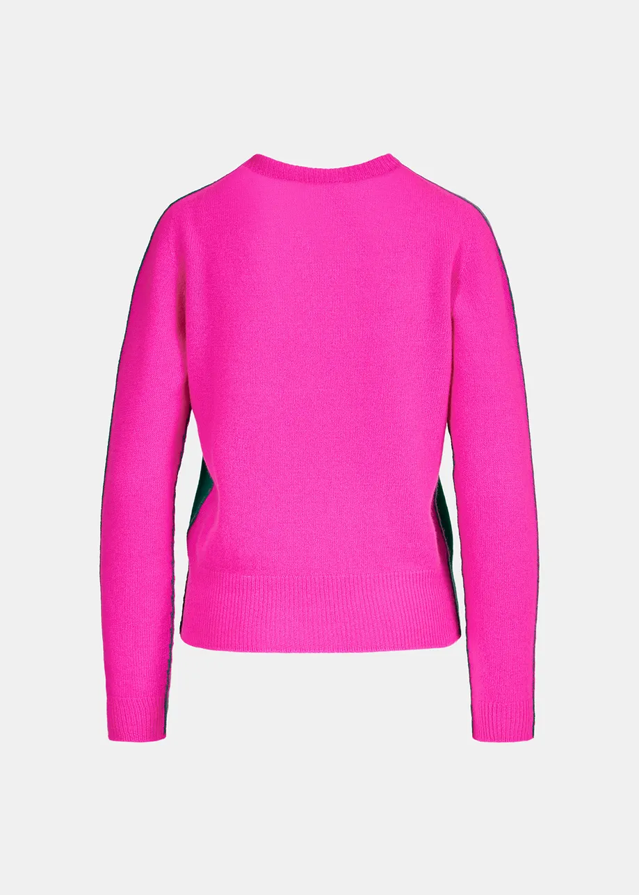 Dark green and fuchsia merino-cashmere knit sweater