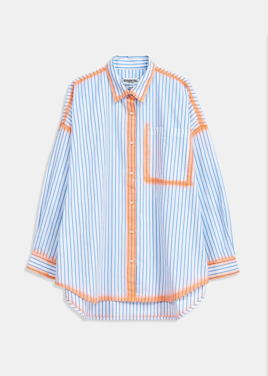 White and blue striped shirt with orange airbrush strokes