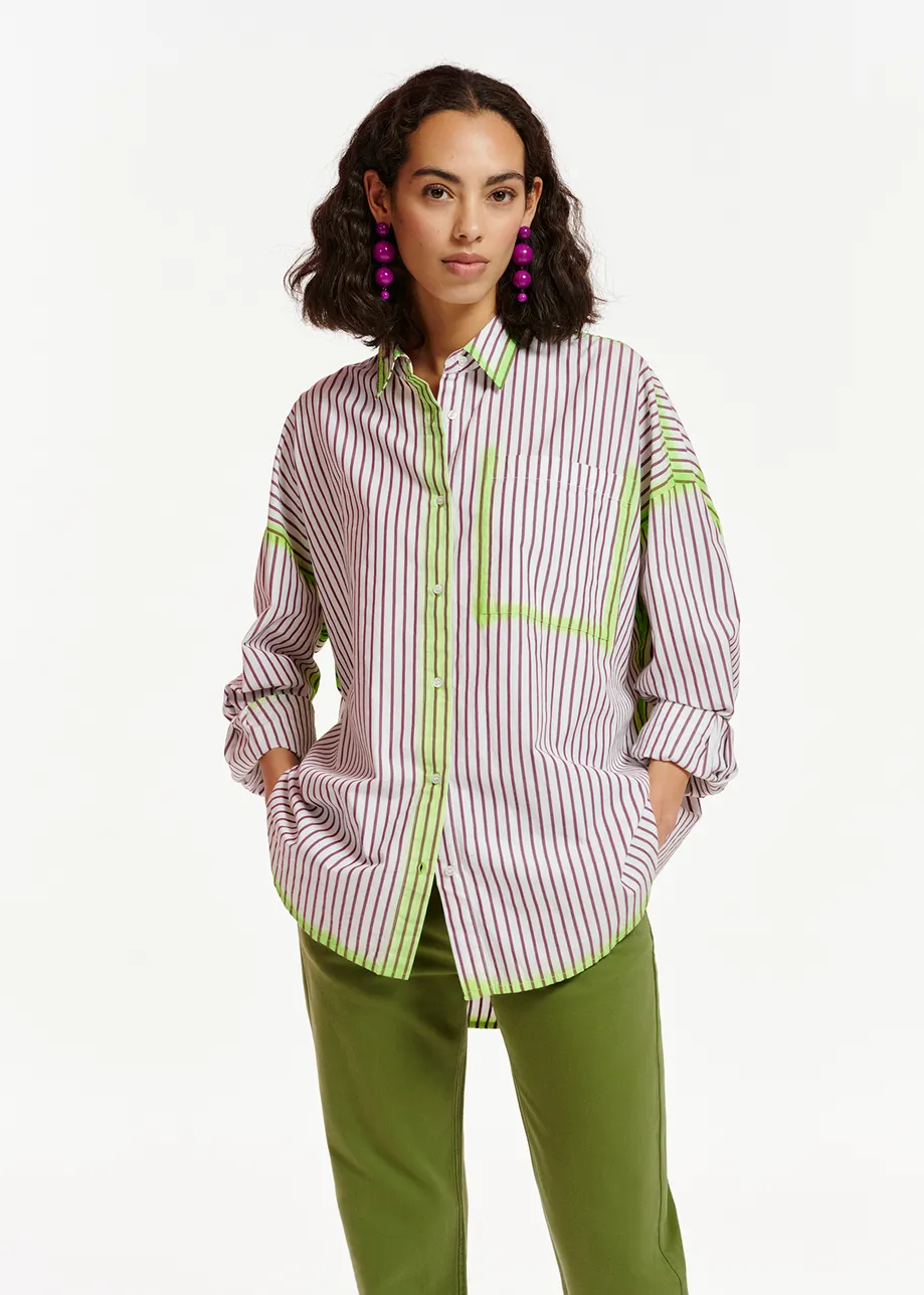 White and purple striped shirt with neon green airbrush strokes