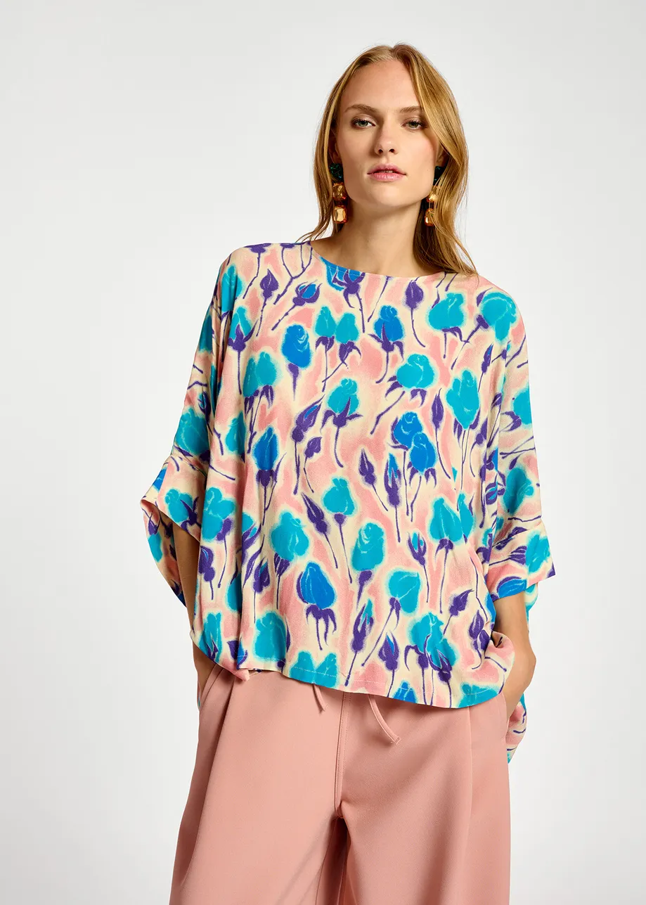 Top oversize à imprimé fleuri rose clair, bleu et pourpre