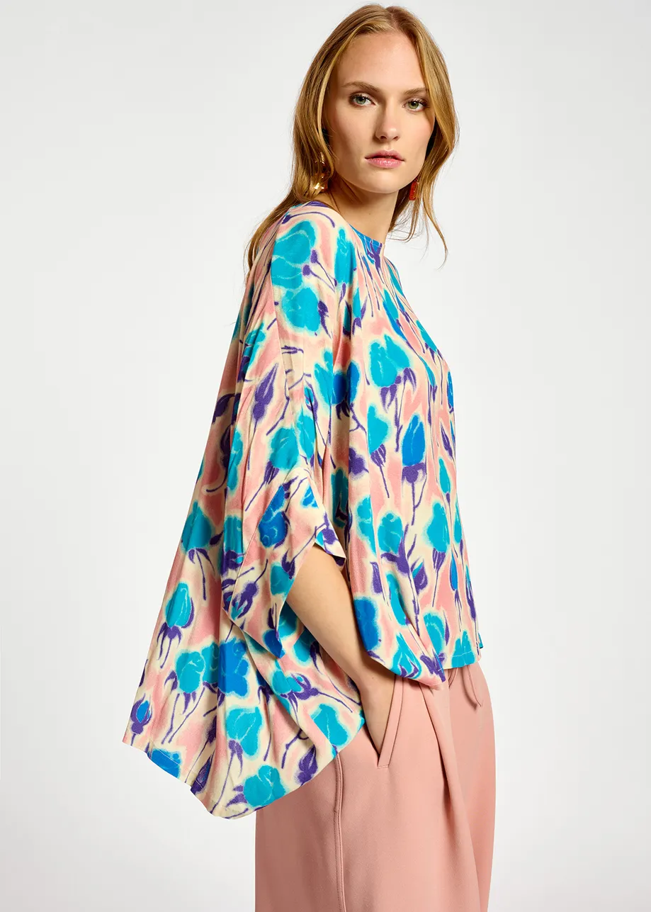 Top oversize à imprimé fleuri rose clair, bleu et pourpre