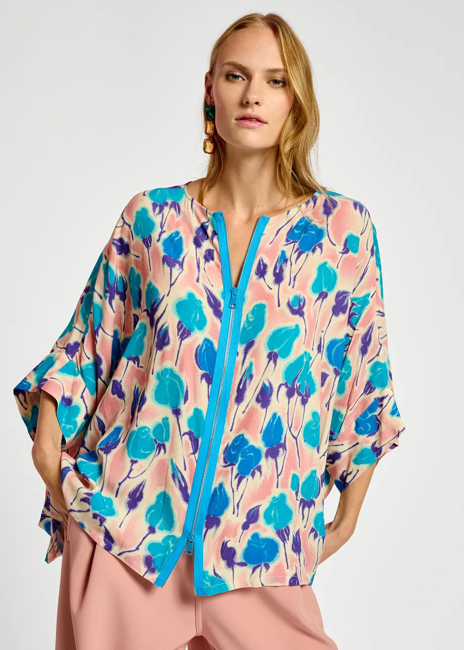 Top oversize à imprimé fleuri rose clair, bleu et pourpre
