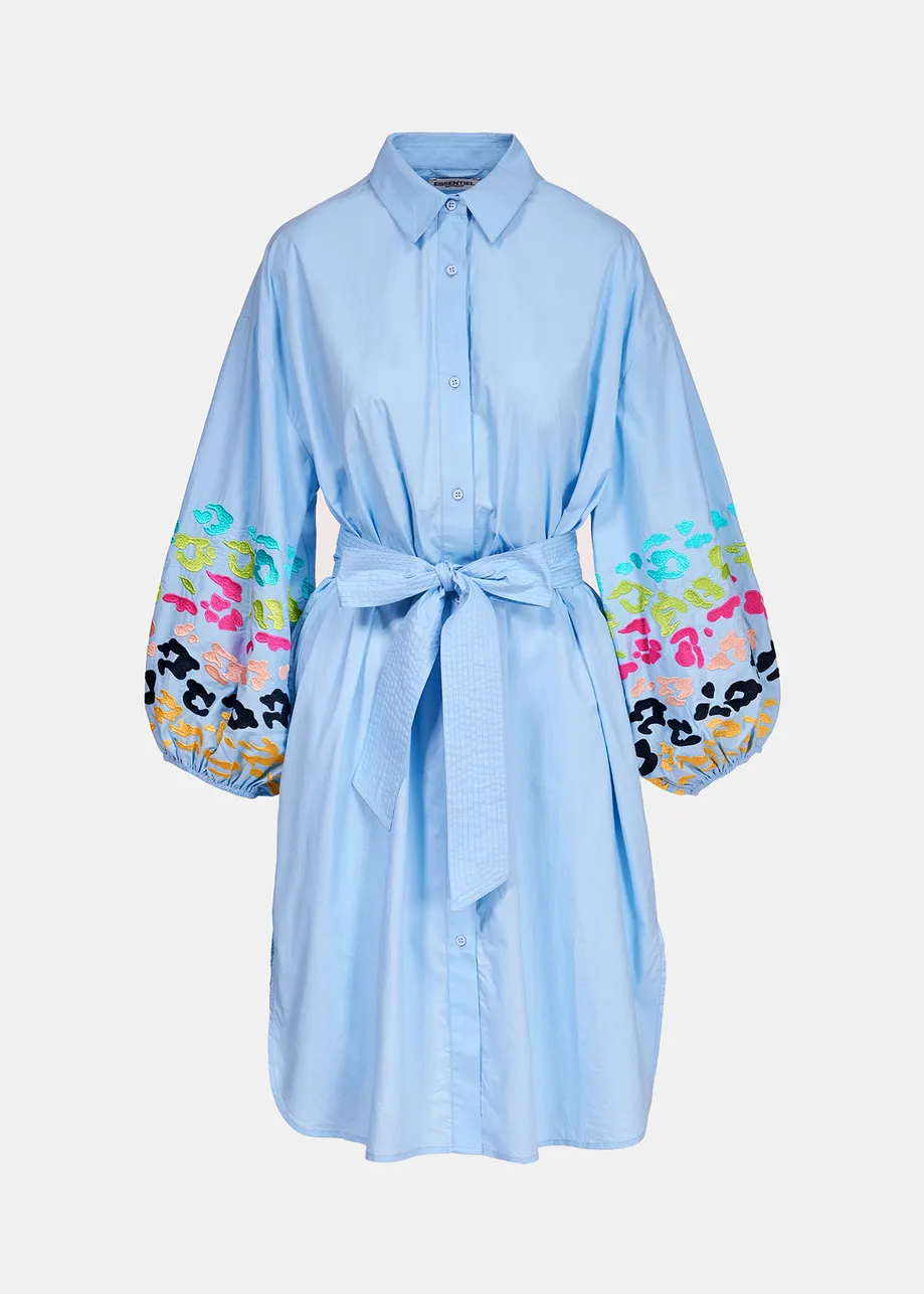 Blue cotton knee-length shirt dress with embroideries