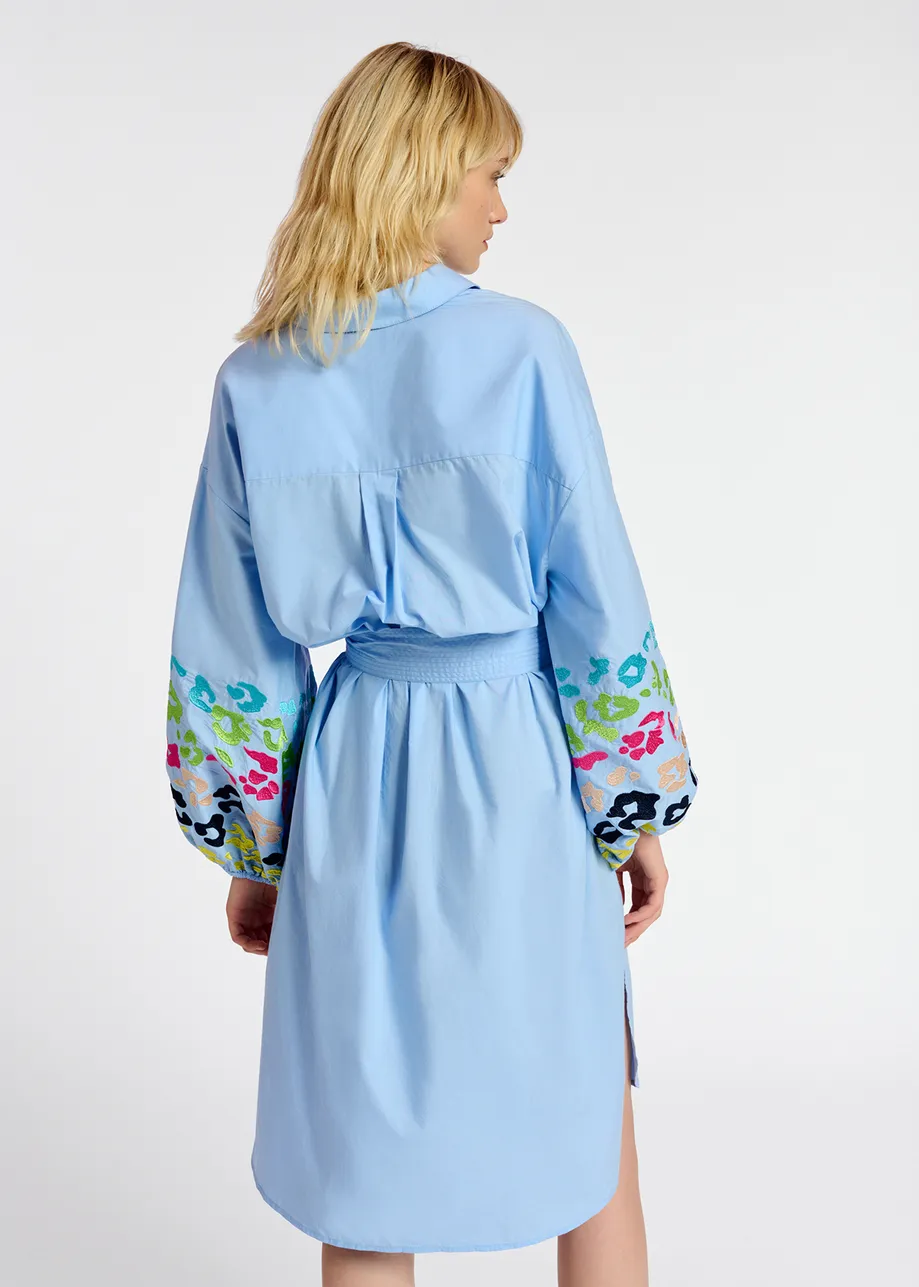 Blue cotton knee-length shirt dress with embroideries