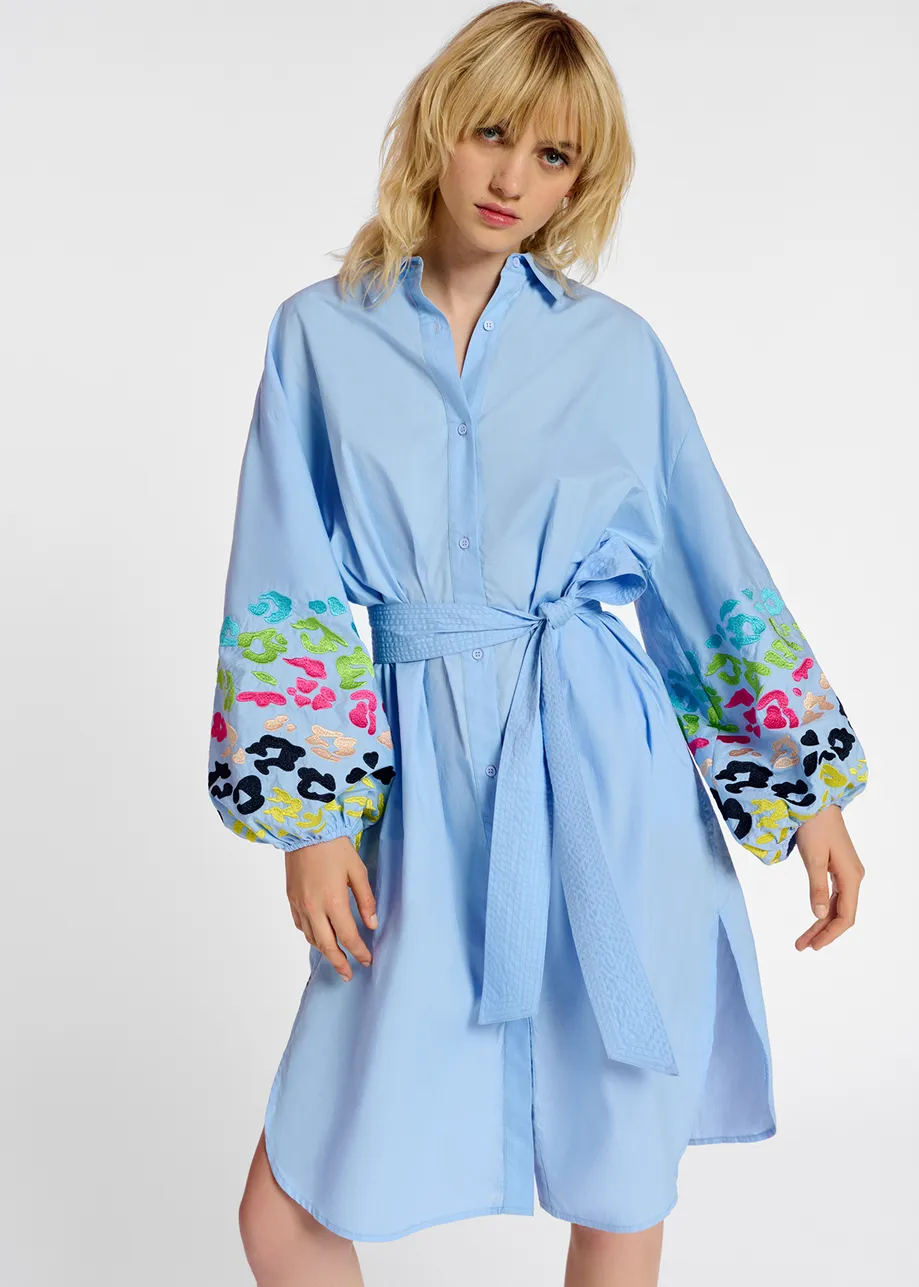 Blue cotton knee-length shirt dress with embroideries