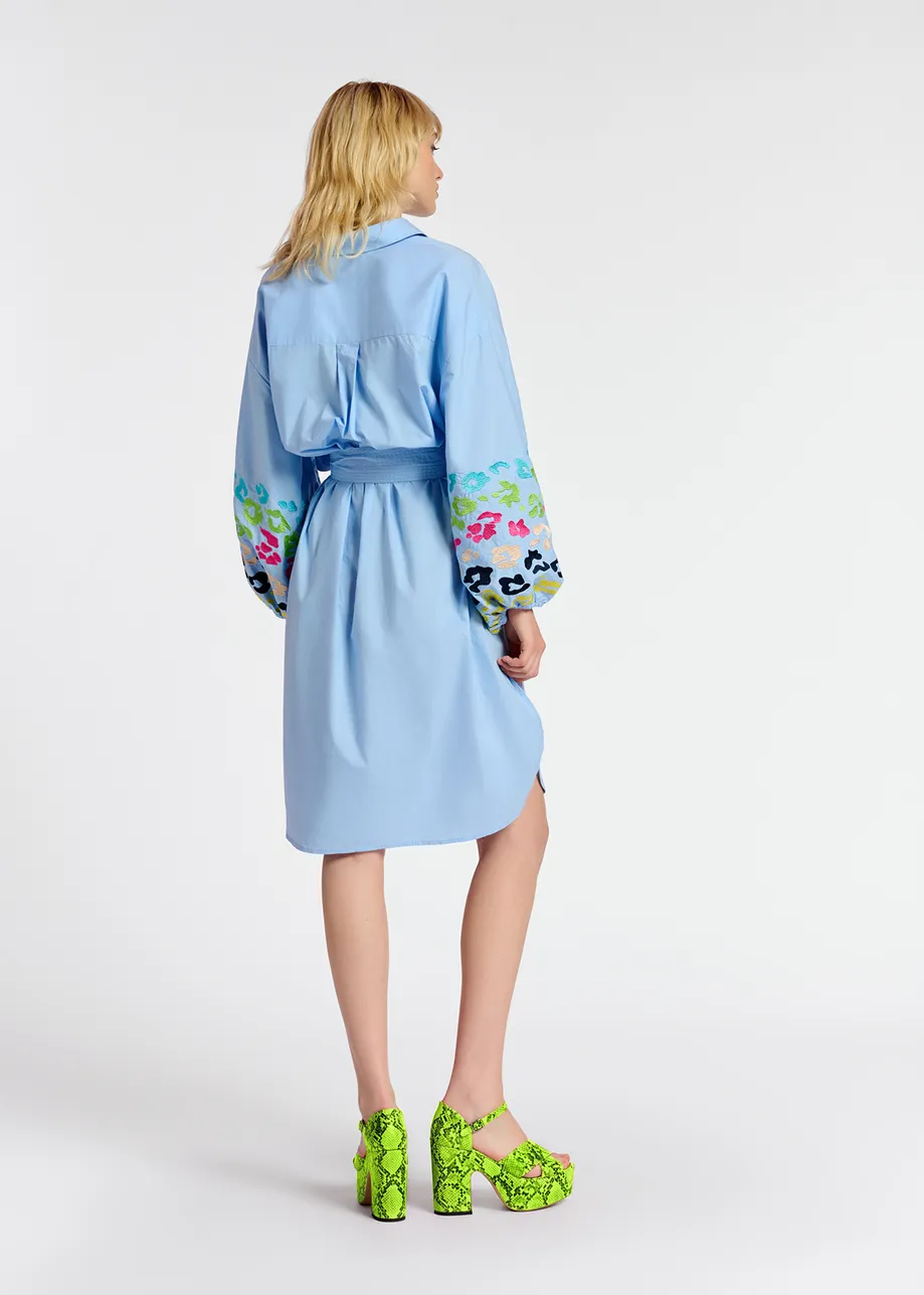 Blue cotton knee-length shirt dress with embroideries