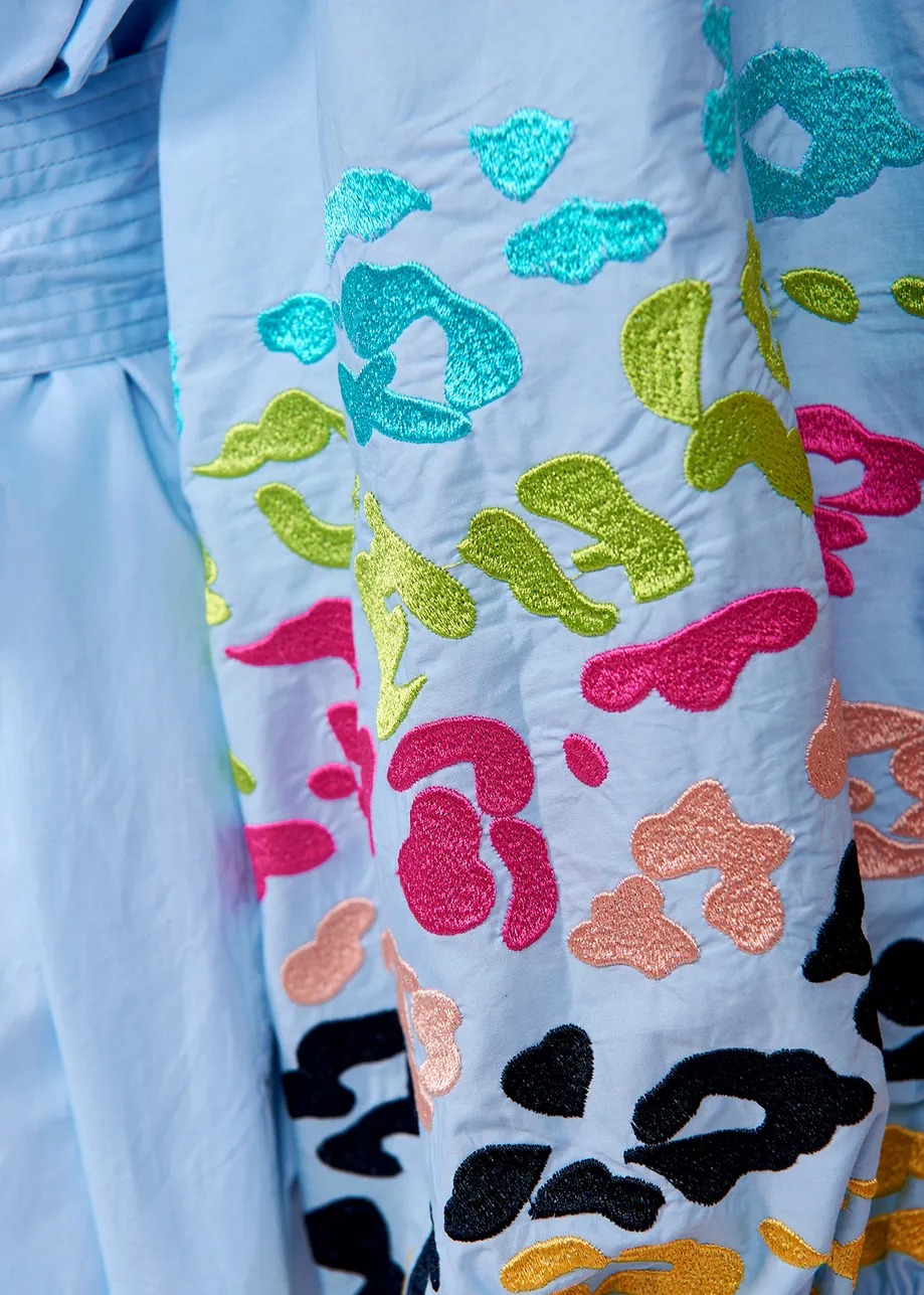 Blue cotton knee-length shirt dress with embroideries