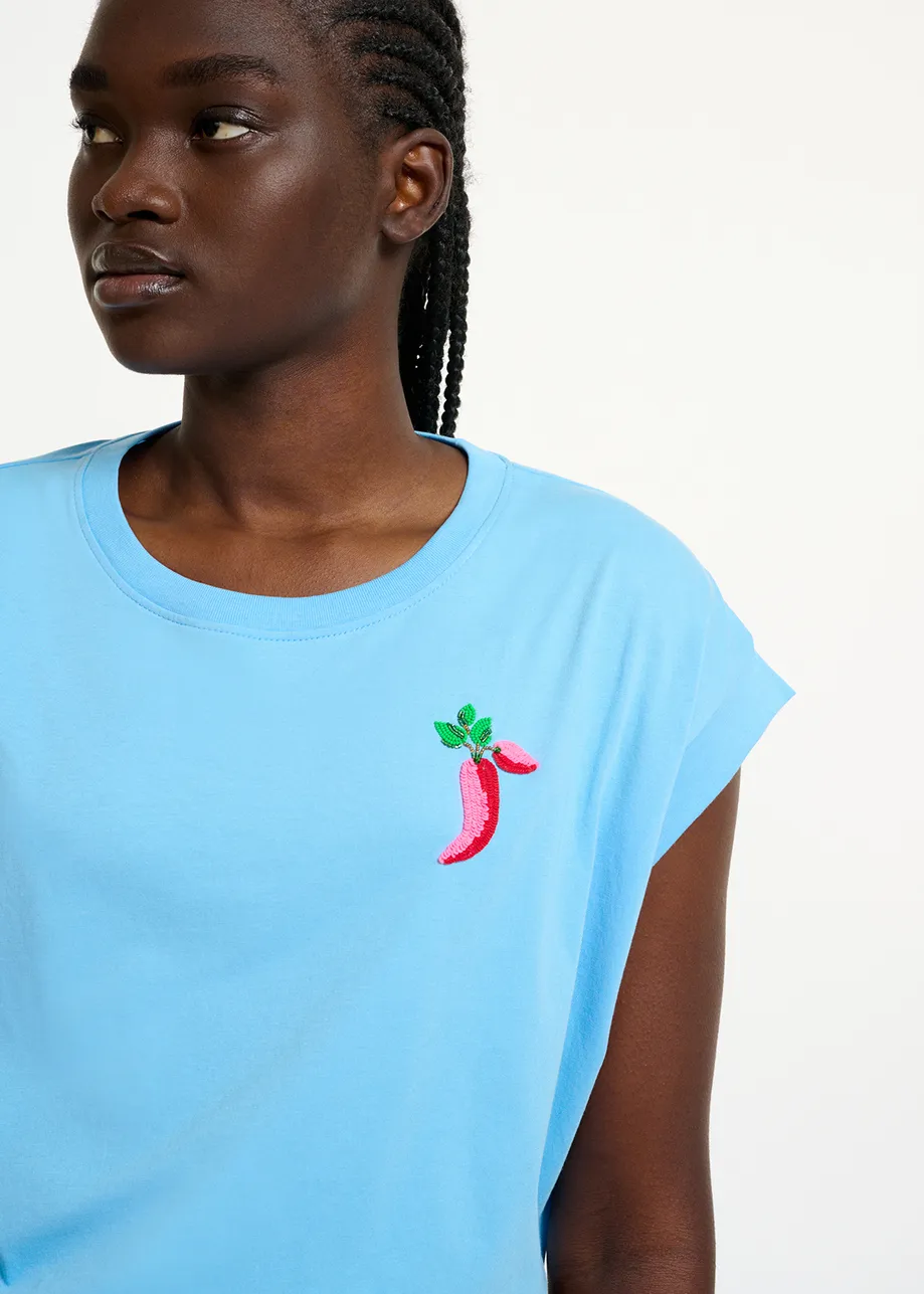 Blue cotton T-shirt with pepper embroidery