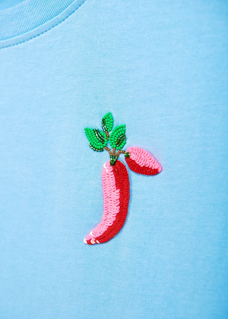 Blue cotton T-shirt with pepper embroidery