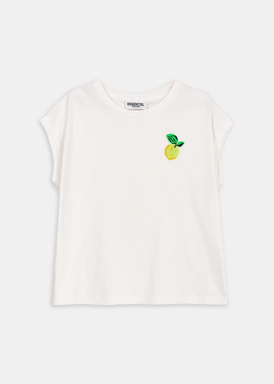 White cotton T-shirt with lemon embroidery