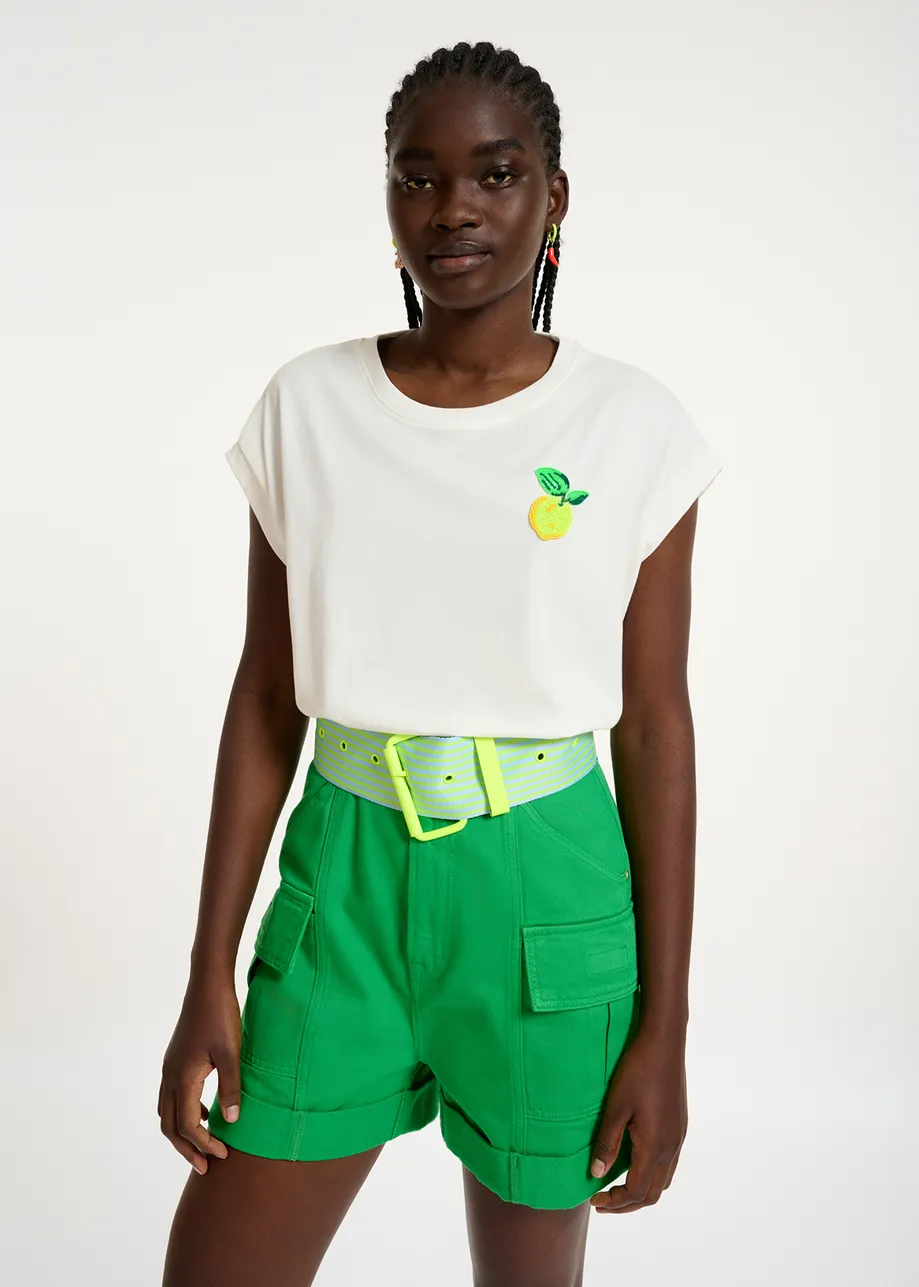 White cotton T-shirt with lemon embroidery
