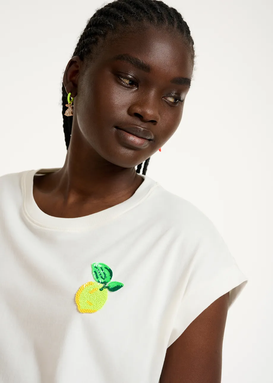 White cotton T-shirt with lemon embroidery