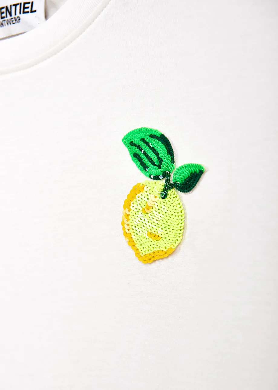 White cotton T-shirt with lemon embroidery