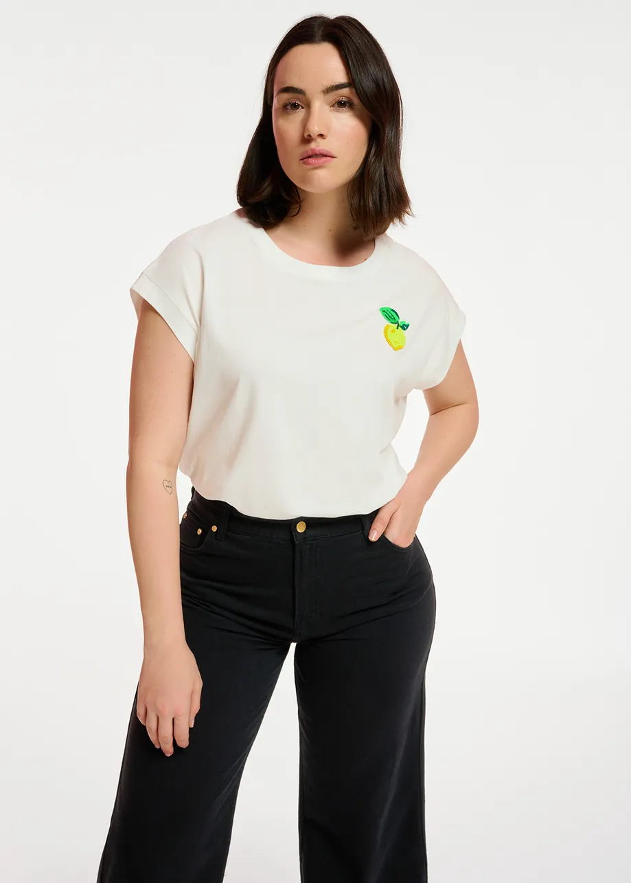 White cotton T-shirt with lemon embroidery