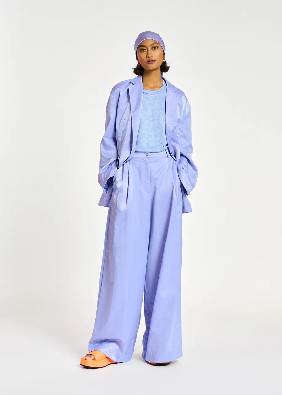 Blue wide-leg satin pants