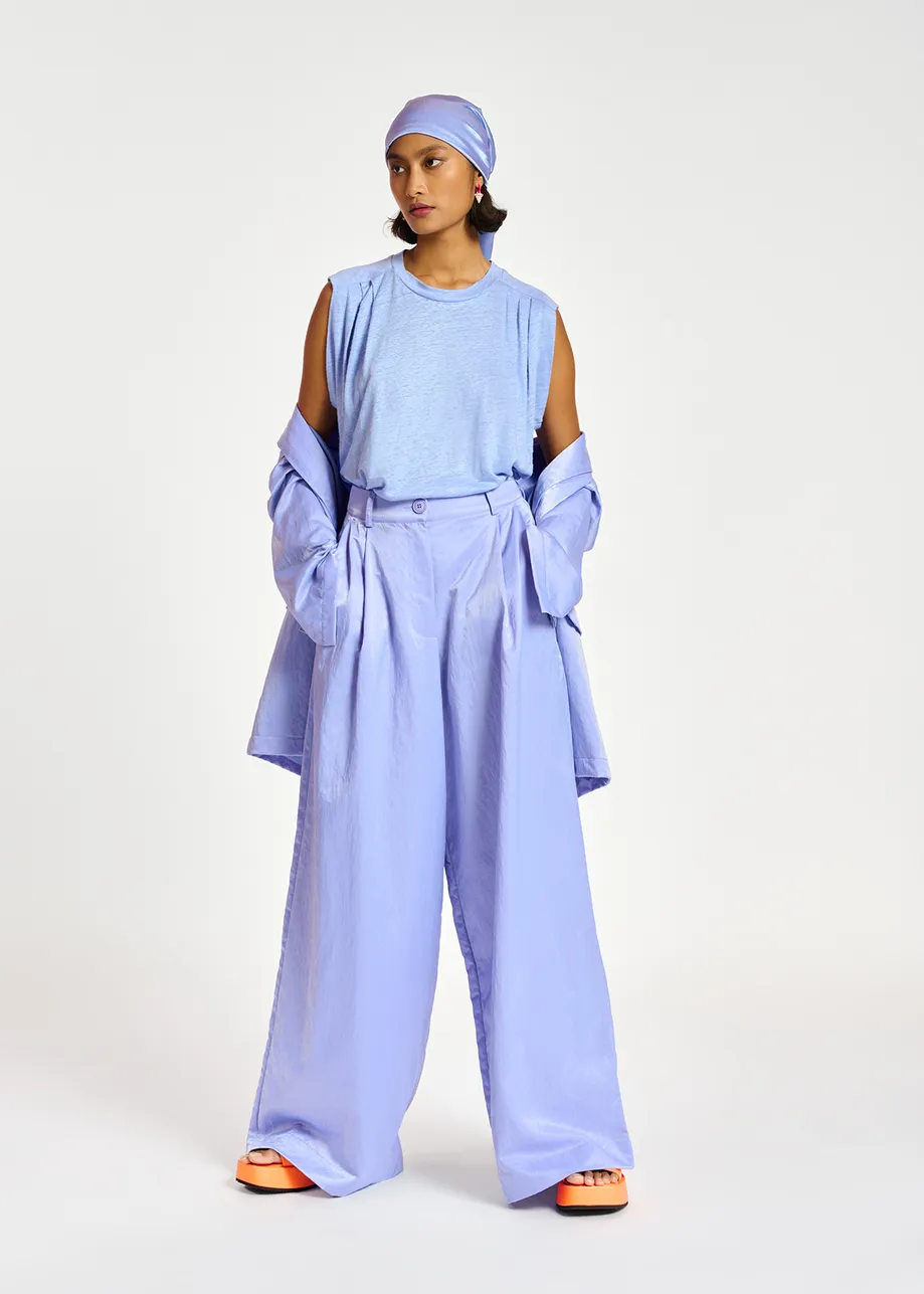 Blue wide-leg satin pants