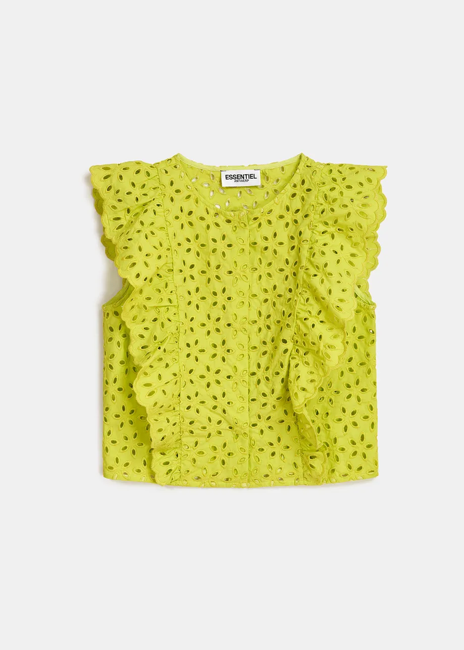 Limoengroene top met broderie anglaise