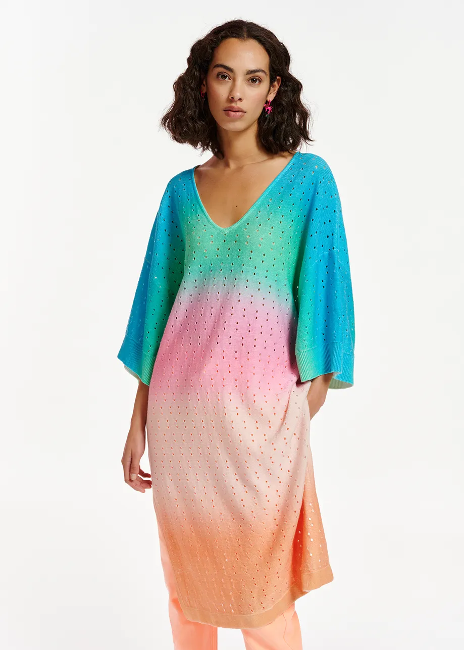 Multicolor knit kaftan dress with gradient effect