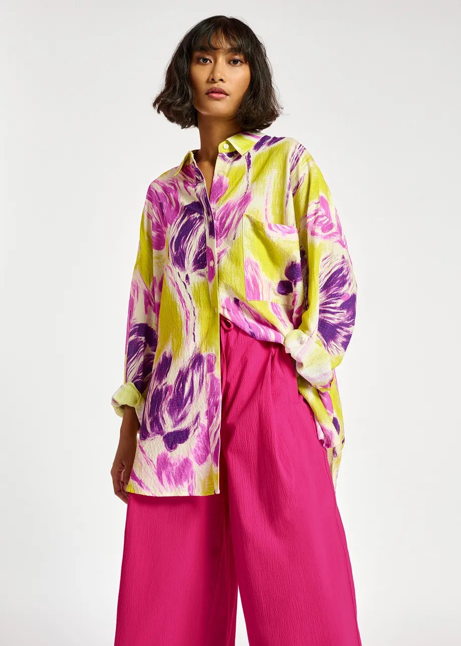 Yellow and purple floral print oversized shirt