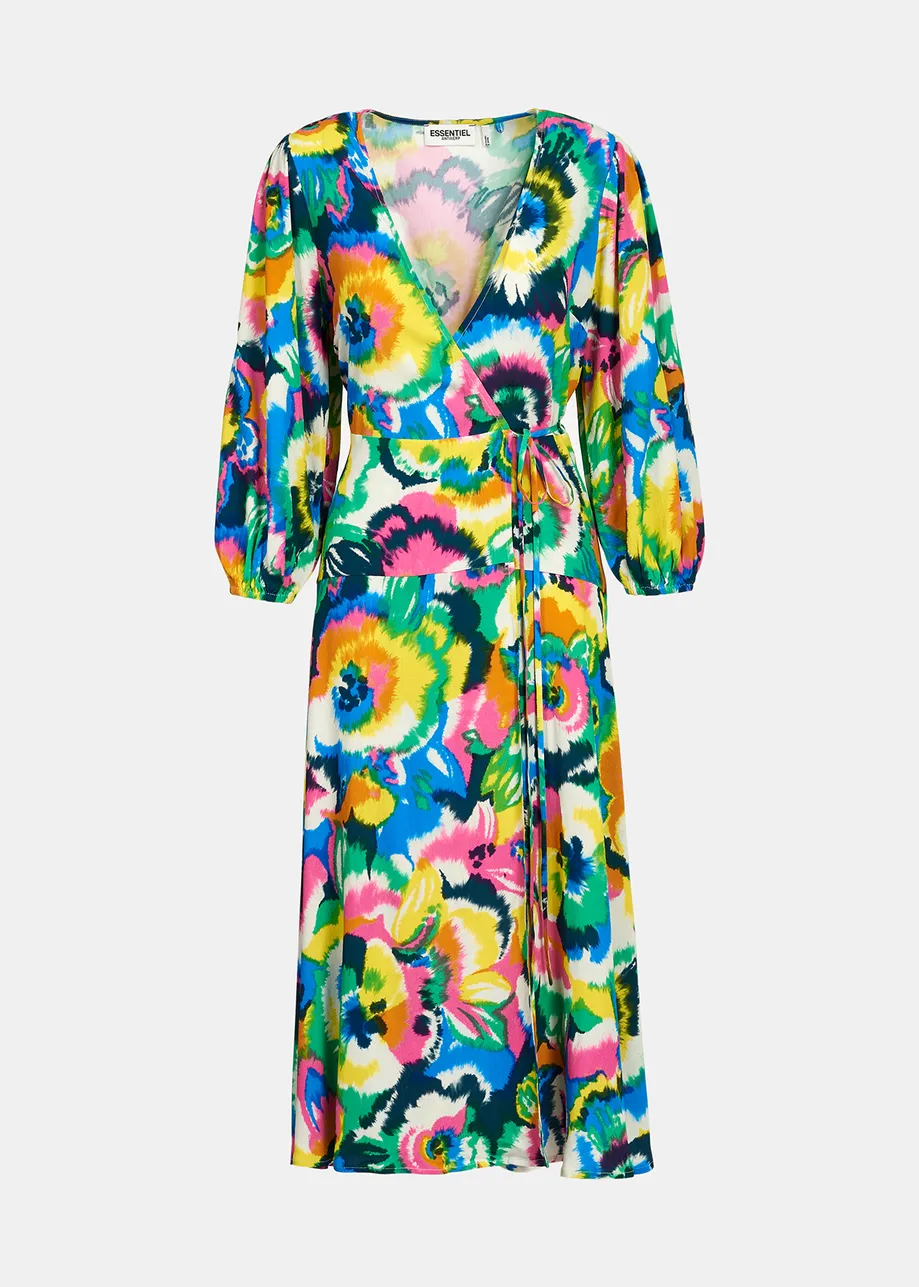 Multicolor floral print midi-length wrap dress
