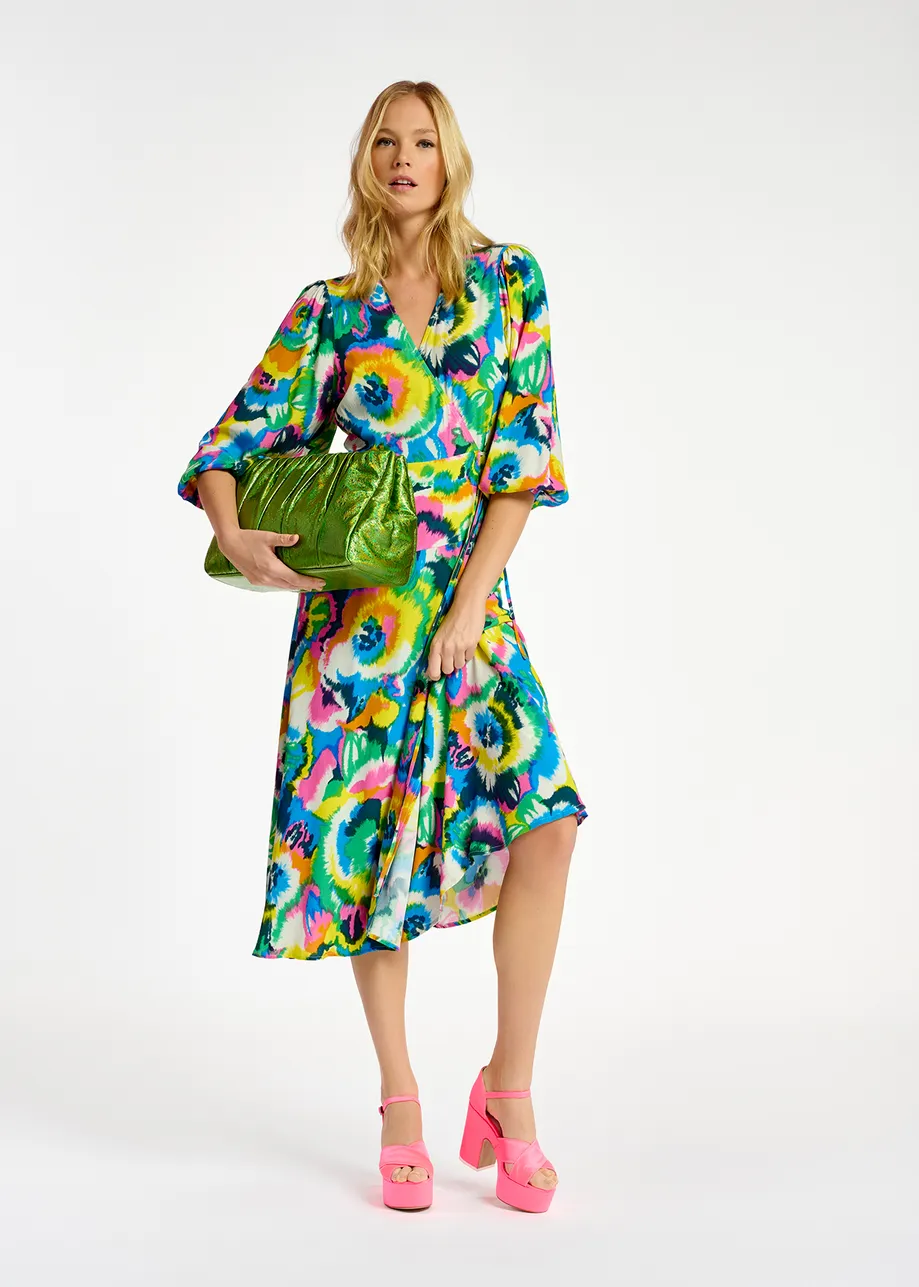 Multicolor floral print midi-length wrap dress