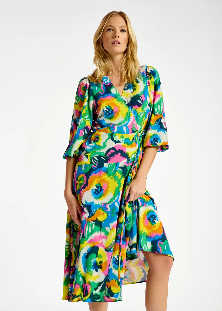 Multicolor floral print midi-length wrap dress