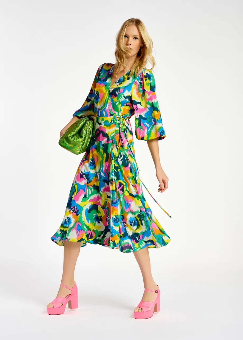 Multicolor floral print midi-length wrap dress