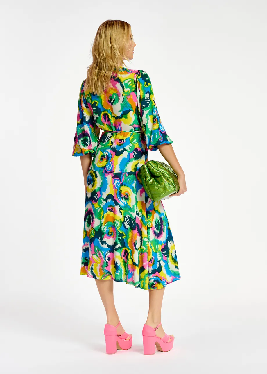 Multicolor floral print midi-length wrap dress
