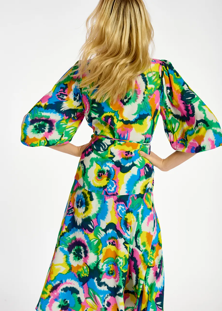 Multicolor floral print midi-length wrap dress