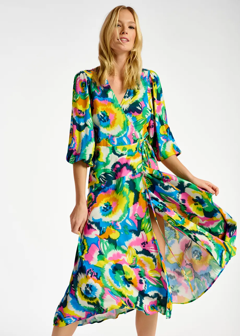 Multicolor floral print midi-length wrap dress