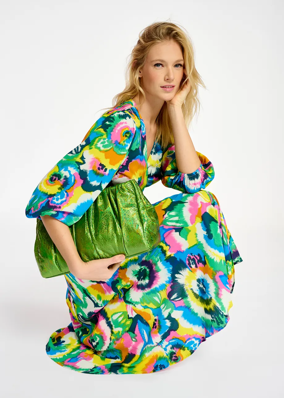 Multicolor floral print midi-length wrap dress