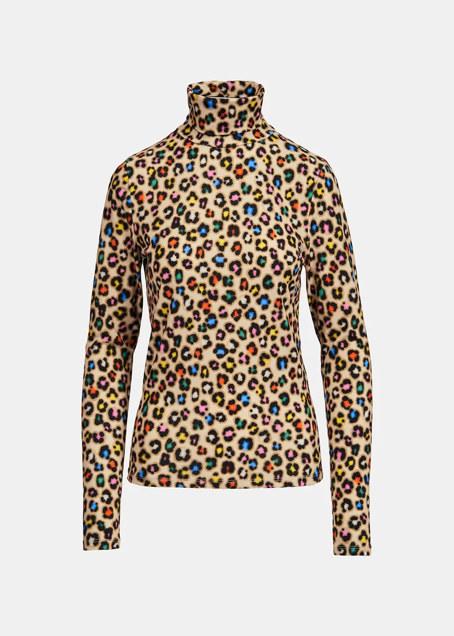Top à col roulé beige avec imprimé léopard multicolore