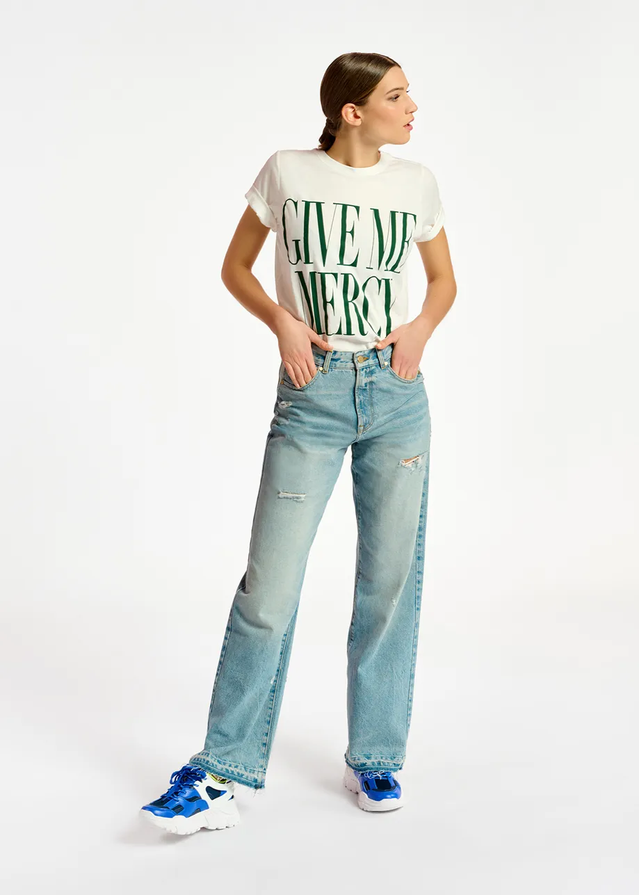 Distressed blue boyfriend jeans